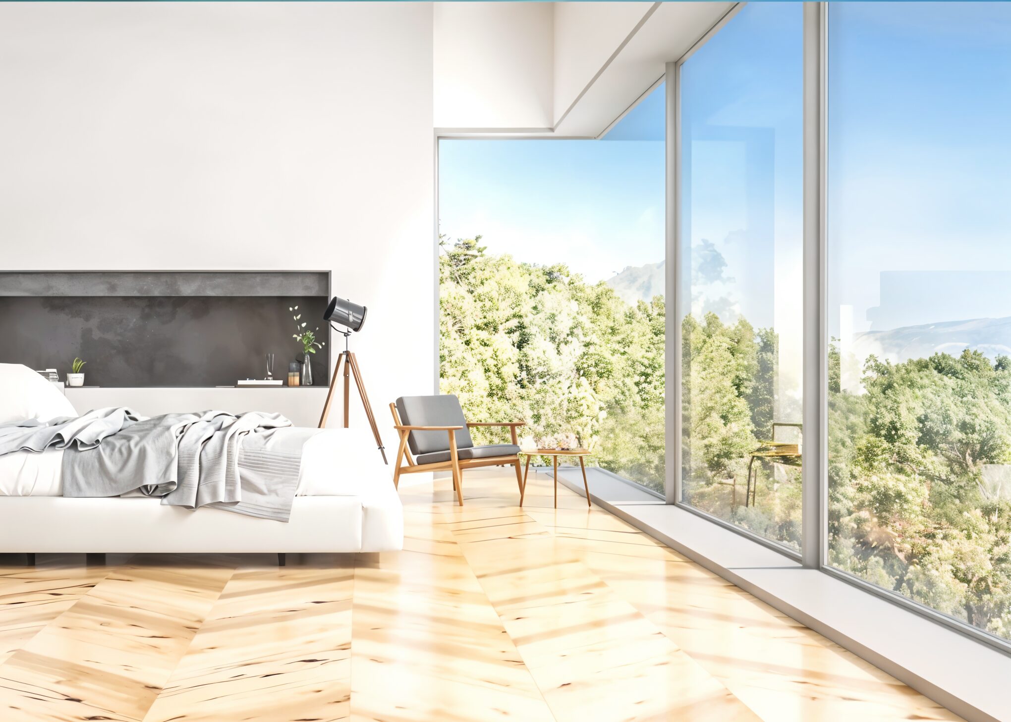 Minimalist bedroom with wooden floors and full-wall glass windows showing forest view.
